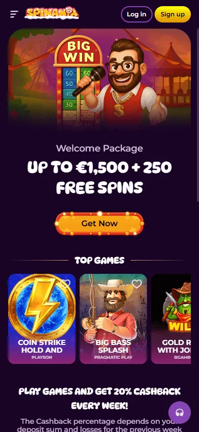 Spinania Casino home experience on a mobile device