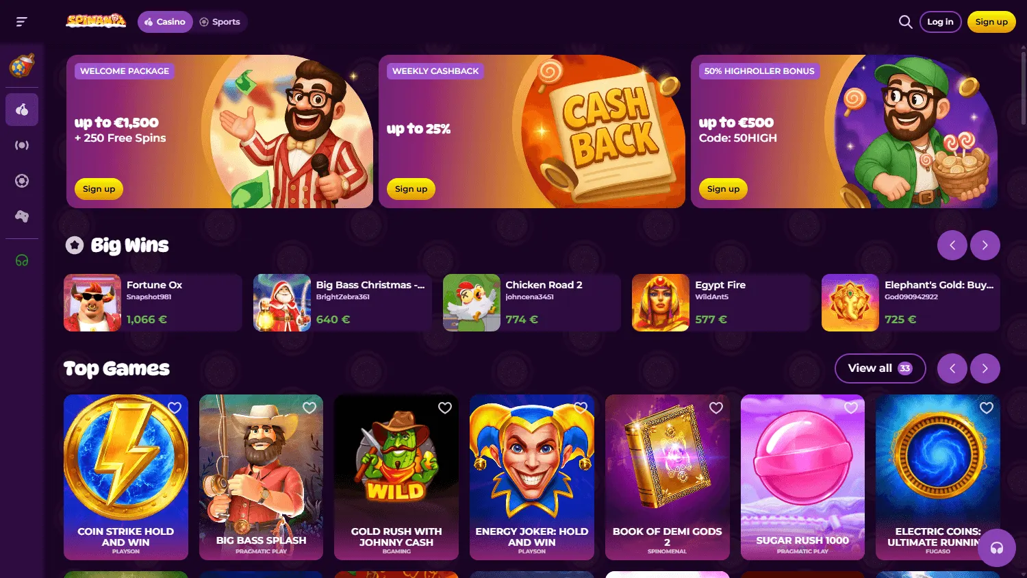 Spinania Casino games experience on desktop