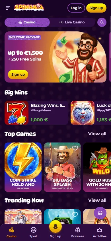Spinania Casino games experience on a mobile device